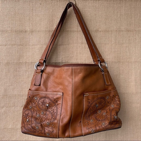 Fossil Brown Leather Flower Design Rivets Studs Shoulder Bag Purse Boho - Picture 1 of 8